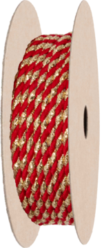 Czerwono-złoty, błyszczący sznurek dekoracyjny nawinięty na kartonową szpulę, widok z boku pod kątem.