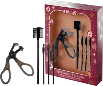 Zestaw KillyS do makijażu oczu: czarna zalotka, szczoteczki do rzęs/brwi i grzebyk, częściowo w świątecznym pudełku.