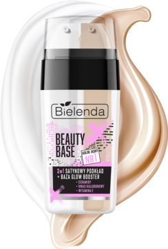 Bielenda Beauty Base satynowy podkład 2w1 z bazą glow booster i kwasem hialuronowym, widok z przodu.