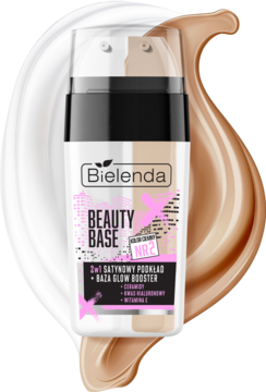 Bielenda Beauty Base Satynowy podkład 2w1 z bazą glow booster, butelka na tle rozlanej formuły.