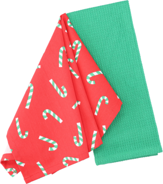 Zestaw dwóch złożonych ręczników kuchennych: czerwony w biało-zielone laski cukrowe i jednolity zielony z waflową teksturą.