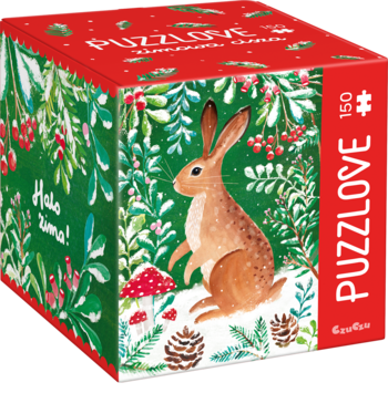 Czerwono-zielone pudełko puzzli PUZZLOVE Halo Zima! 150 elementów, zimowy las z królikiem, widok pod kątem.