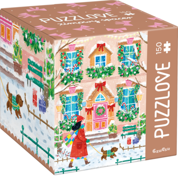 Puzzlove, 150-elementowa układanka z zimowym domem świątecznym, pudełko widoczne pod kątem.