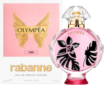 Damska woda perfumowana Rabanne Olympéa Flora: różowa butelka z czarnym motywem i biało-różowe pudełko.