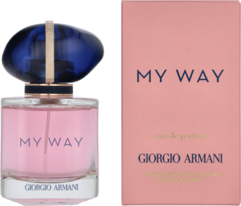 Flakon perfum Giorgio Armani My Way z bladoróżowym płynem i ciemnoniebieską nakrętką obok różowego pudełka.