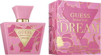 Perfumy Guess Seductive Dream, różowa butelka i pudełko z kwiatowym wzorem, widok z przodu.