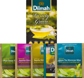 Zestaw herbat Dilmah Variety of Green: pudełko i 5 kolorowych saszetek zielonej herbaty, widok z przodu.