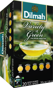 Zielona herbata Dilmah Variety of Green, ciemnozielone pudełko 20 torebek, 5 smaków. Widok z przodu.