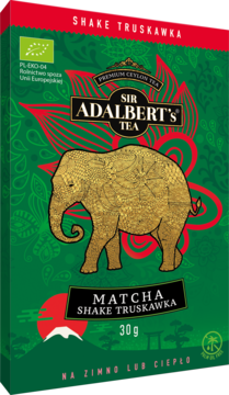 Adalbert's Tea Matcha Shake Truskawka, zielone pudełko 30g z złotym słoniem i czerwonymi wzorami, widok z przodu.