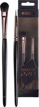 KillyS Makeup Pro, zestaw dwóch pędzli w czarnym opakowaniu z różowozłotymi detalami; obok pędzle 27 i 18.