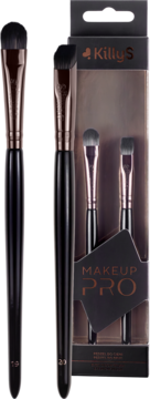 Zestaw KillyS Makeup PRO: dwa czarne pędzle do makijażu z różowozłotą skuwką oraz opakowanie z dwoma mniejszymi pędzlami.