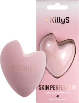 Różowa, sercowata gąbeczka do makijażu KillyS Skin Perfection, widok z przodu, z częścią opakowania.