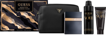 Elegancki zestaw Guess Seductive Homme Noir: EDT, dezodorant, żel, kosmetyczka, na tle czarno-złotego wzoru.