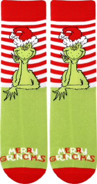 Skarpety Grinch rozmiar 35-40. Zielono-czerwone, z postacią Grincha i napisem MERRY GRINCHMAS. Widok przodem.
