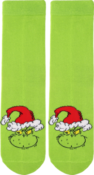 Dwie jasnozielone skarpety Grinch rozmiar 35-40, z haftowanym wizerunkiem twarzy Grincha w czapce Mikołaja, widok z przodu.