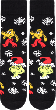 Czarne świąteczne skarpety z Grinchem w czapce Mikołaja i psem Maxem, wzór ze śnieżynkami, rozmiar 40-45.