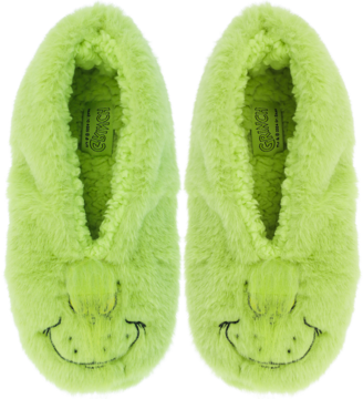 Para jasnozielonych, futrzanych kapci Grinch, rozmiar 41/42, z haftowanym uśmiechem na przodzie, widok z góry.