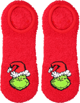 Para czerwonych skarpet Grinch rozmiar 35-40, z puszystej dzianiny, z wizerunkiem Grincha w czapce Mikołaja, leżące płasko.