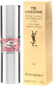 Błyszcząca szminka YSL LOVESHINE nr 44 w srebrnej tubie z różowym wkładem, obok złote opakowanie.