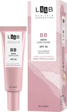 Różowy LAAB BB Krem Lumi-Glow SPF 30 01 LIGHT w tubce i pasującym pudełku, stojące z przodu.
