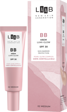 Różowy BB krem LAAB Lumi-Glow SPF 30, odcień 02 Medium, w tubce i pudełku, widok z przodu.