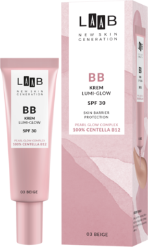 AA LAAB BB Krem Lumi-Glow SPF 30 w różowej tubce i pudełku, z oznaczeniem 03 BEIGE i 100% Centella B12.