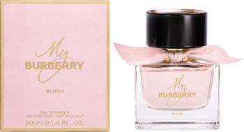 My Burberry Blush damska woda perfumowana. Szklana butelka z czarną nakrętką, różową wstążką i pudełko.