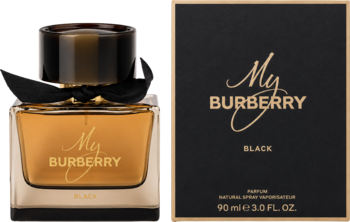 Perfumy My Burberry Black 90ml, bursztynowa butelka z kokardką i czarne pudełko ze złotymi napisami, widok z przodu.