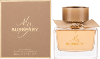 My Burberry woda perfumowana, złoty flakon z kokardą i beżowe pudełko z napisem My Burberry, widok z przodu.