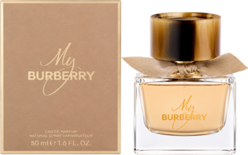 My Burberry damska woda perfumowana, elegancki złoty flakon z kokardką i dopasowane pudełko, widok z przodu.