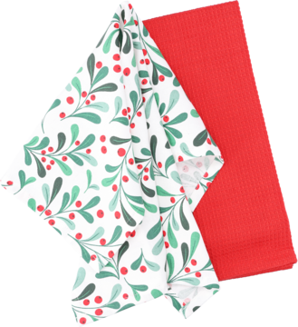 Zestaw 2 świątecznych ręczników kuchennych: biały z wzorem zielonych listków i czerwonych jagód, oraz czerwony teksturowany.