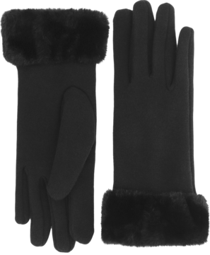 Para czarnych rękawiczek damskich z miękkim futerkiem na mankietach, ułożona płasko. Idealne na zimę.