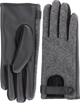 Dwie szare rękawiczki: jedna od dłoni z gładkiej skóry, druga od wierzchu z filcu z paskiem na nadgarstek.