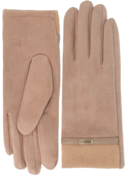 Beżowe rękawiczki damskie z zamszu, widok z przodu i tyłu. Prawa ręka ma ozdobny pasek z metalowym elementem i prążkowany mankiet.