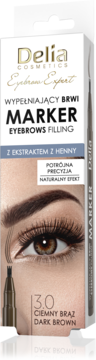 Delia Cosmetics Eyebrow Marker 3.0 Dark Brown, with henna extract. Front of white box with marker tip near eyebrow.