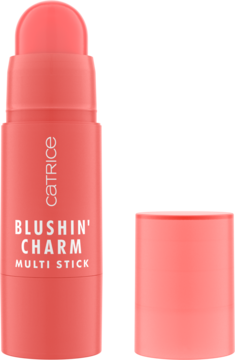 Catrice Blushin' Charm Multi Stick, koralowy róż/pomadka, otwarty sztyft z nakrętką obok, widok z przodu.