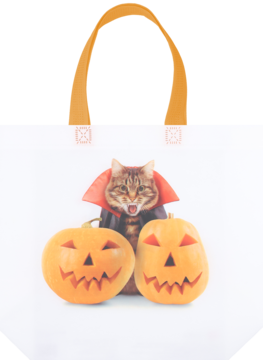 Biała torba PP ELOY z nadrukiem Halloween: kot-wampir w czarnej pelerynie i dwie rzeźbione dynie. Front.