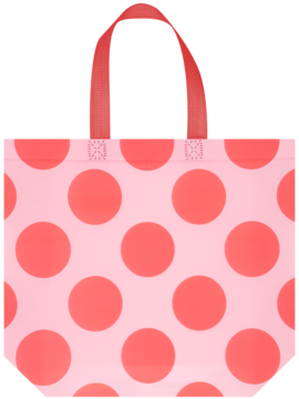 ELOY TORBA PP SWEETS, jasnoróżowa torba z polipropylenu w czerwone kropki, z uchwytami, widok z przodu.