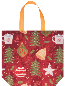 ELOY TORBA PP BN2 z czerwonym, świątecznym wzorem: zielone choinki, bombki, dzwonki, białe gwiazdki i kubki.