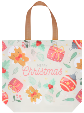 ELOY torba PP BN4, 34x25x10, z świątecznym wzorem: pierniki, prezenty, jemioła, napisem 'Merry Christmas'.
