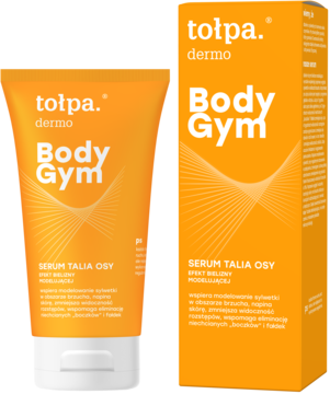 Pomarańczowe serum Tolpa Body Gym na talię w tubce i pudełku, widok z przodu. Redukuje rozstępy i ujędrnia skórę.