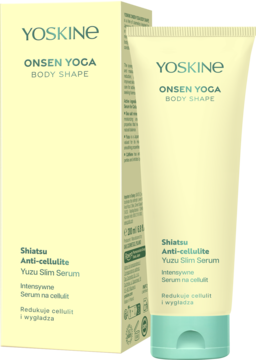 YOSKINE Onsen Yoga Shiatsu Anti-cellulite Yuzu Slim Serum w jasnozielonej tubce obok pudełka, widok z przodu.