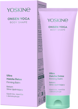 YOSKINE Ultra Matcha Detox Firming Balm w fioletowym opakowaniu i tubce balsamu ujędrniającego do ciała.