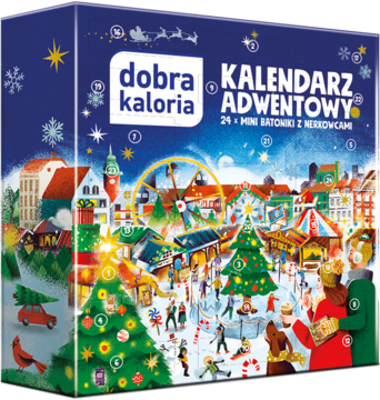 Dobra Kaloria Kalendarz Adwentowy: niebieskie opakowanie, 24 mini batoniki z nerkowcami, jarmark zimowy.
