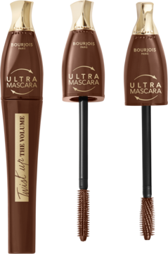 BOURJOIS Twist up the Volume Ultra Brown tusz do rzęs, brązowy, z aplikatorem. Widoczne zbliżenie na unikalną szczoteczkę.