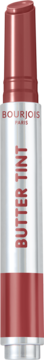 Bourjois Butter Tint, masełko do ust w sztyfcie w kolorze rdzawego różu, srebrne opakowanie. Widok z przodu.