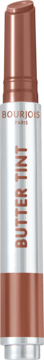Bourjois Butter Tint, brązowo-srebrny sztyft do ust z napisem Butter Tint, widok z przodu.