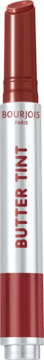 Bourjois Butter Tint w sztyfcie, brązowo-czerwona pomadka pielęgnacyjna w srebrnym opakowaniu, widok z przodu.