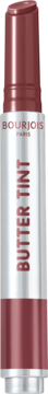 Bourjois Butter Tint, masełko do ust w odcieniu burgundowym, w srebrnym opakowaniu, z wysuniętą sztyftem.
