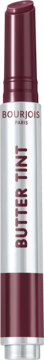 Bourjois Butter Tint plumowy w srebrnej oprawie, masełko do ust, z widocznym odcieniem.